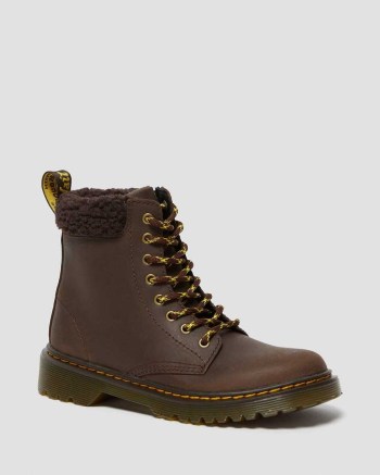 Dr Martens Junior 1460 Fleece Lined Kožené Čižmy Detske Tmavo Hnede | 6524-GUZHF